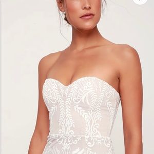 White & Nude lace strapless maxi dress